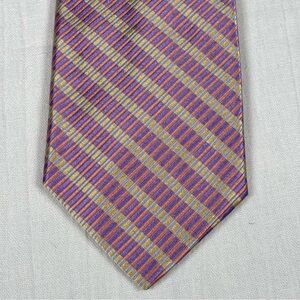 Tom James | Geometric Striped Silk Necktie Tie | Purple/Orange/Yellow/Light Blue